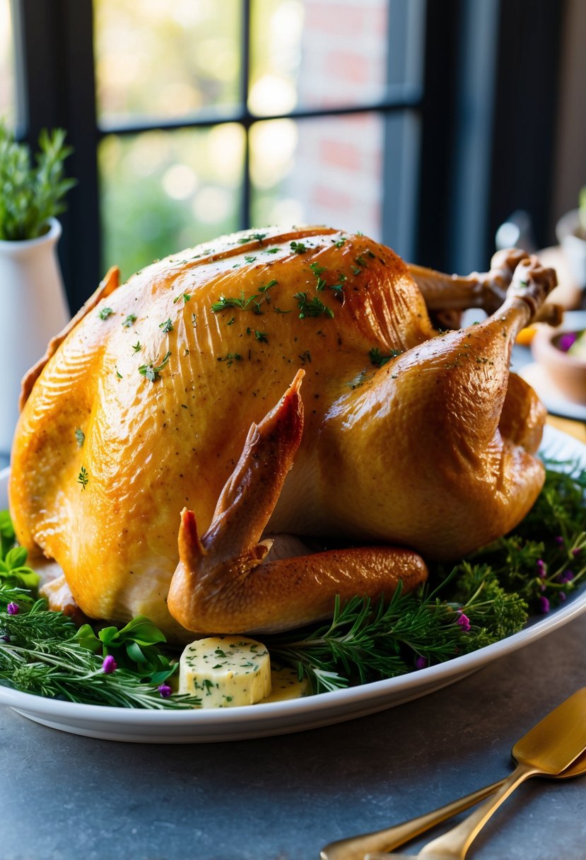 A golden-brown turkey sits on a platter, glistening with herb-infused butter and surrounded by sprigs of fresh herbs and colorful garnishes