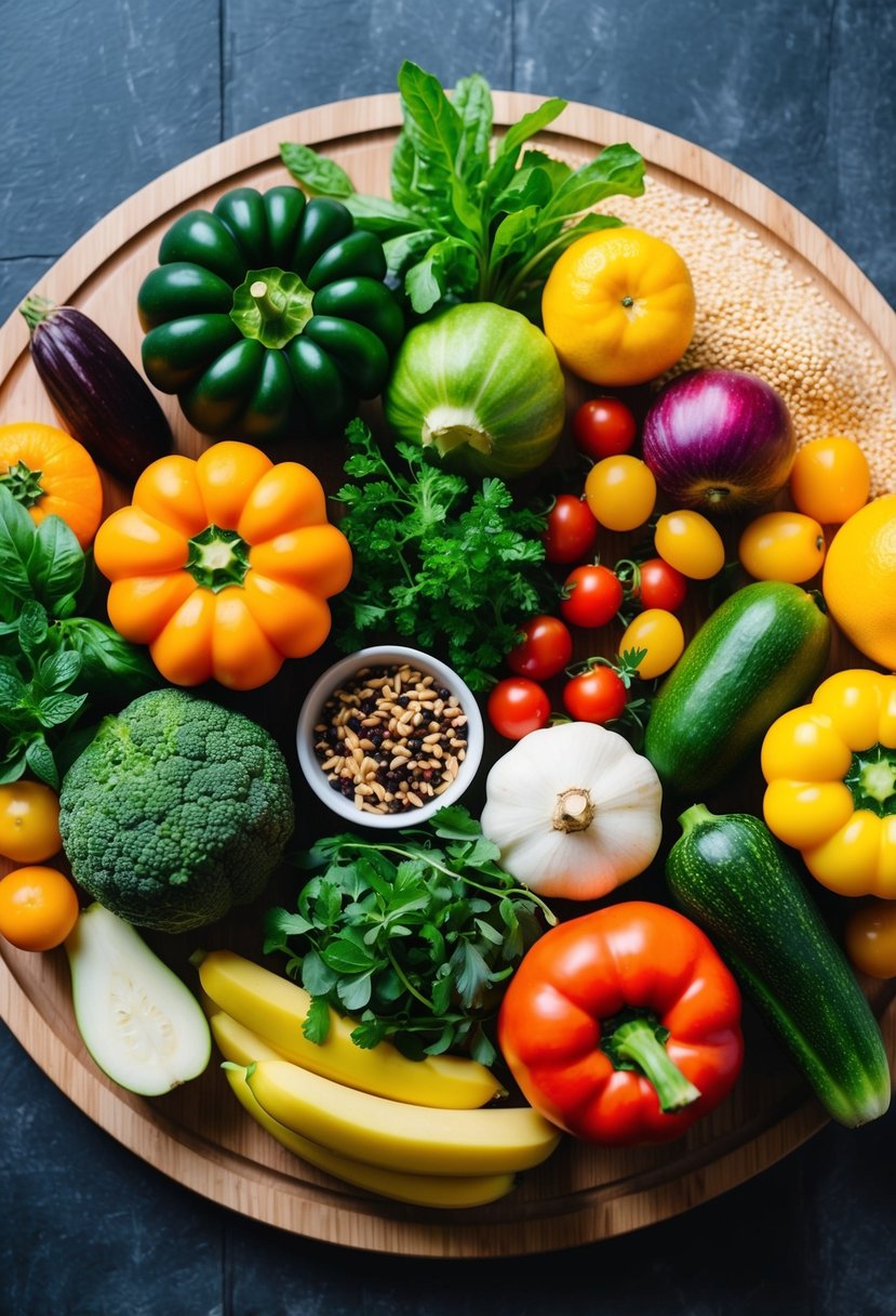 A colorful array of fresh fruits and vegetables, herbs, and whole grains arranged on a wooden cutting board