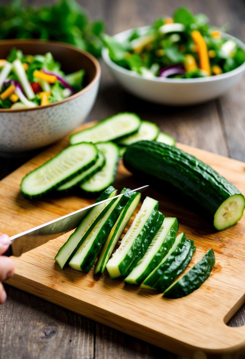 A wooden cutting board with cucumbers being sliced into thin julienne strips, surrounded by a bowl of mixed salad ingredients