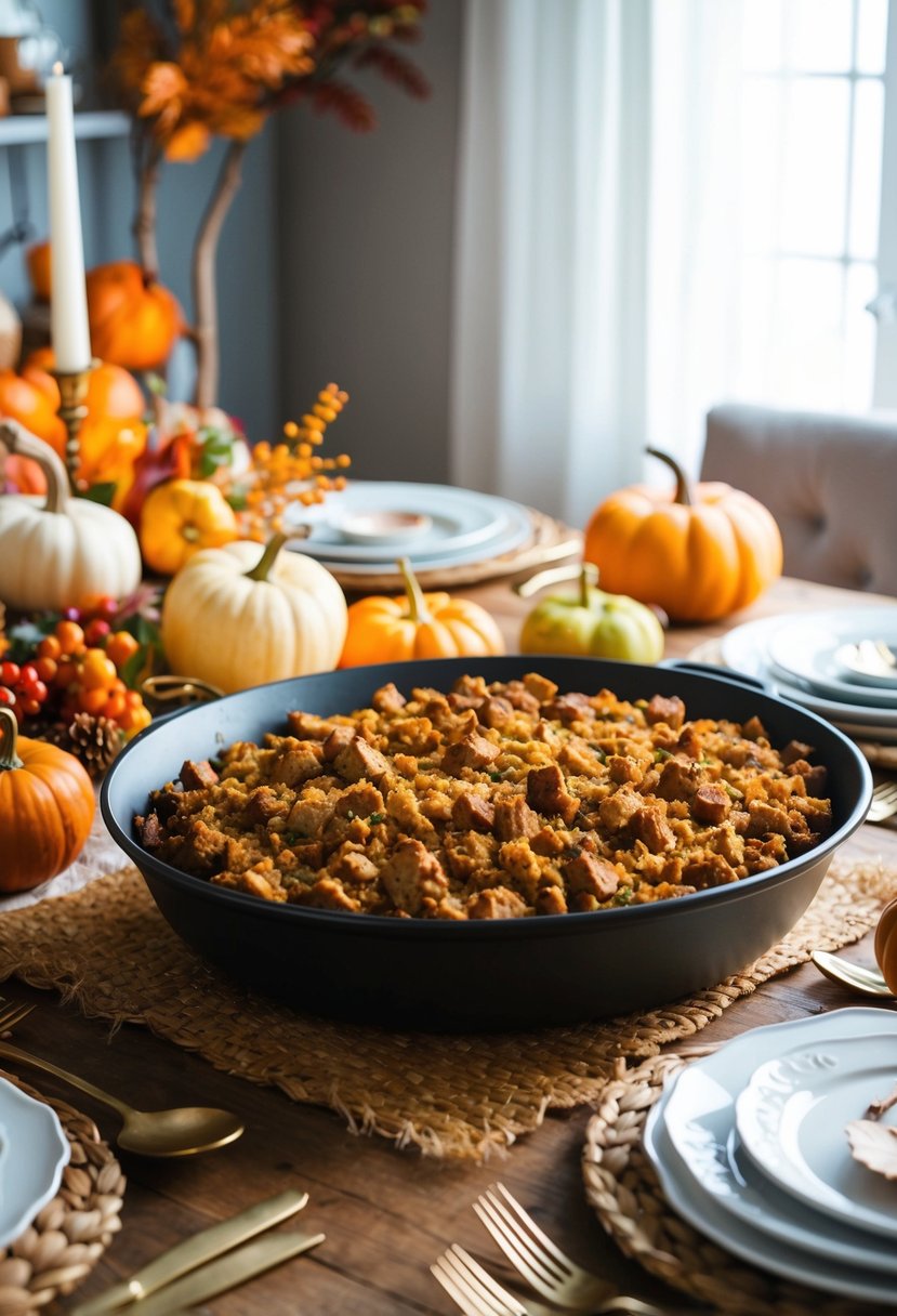 A rustic Thanksgiving table set with a golden-brown, savory stuffing filled with crumbled sausage, surrounded by festive fall decor