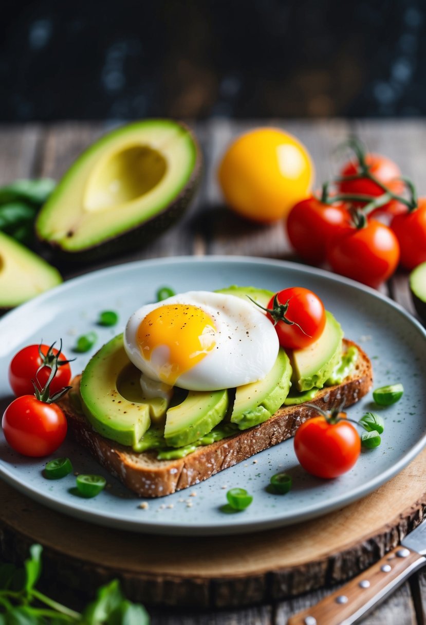 A rustic wooden table with a plate of avocado toast topped with perfectly poached eggs, surrounded by fresh ingredients like ripe avocados and vibrant cherry tomatoes