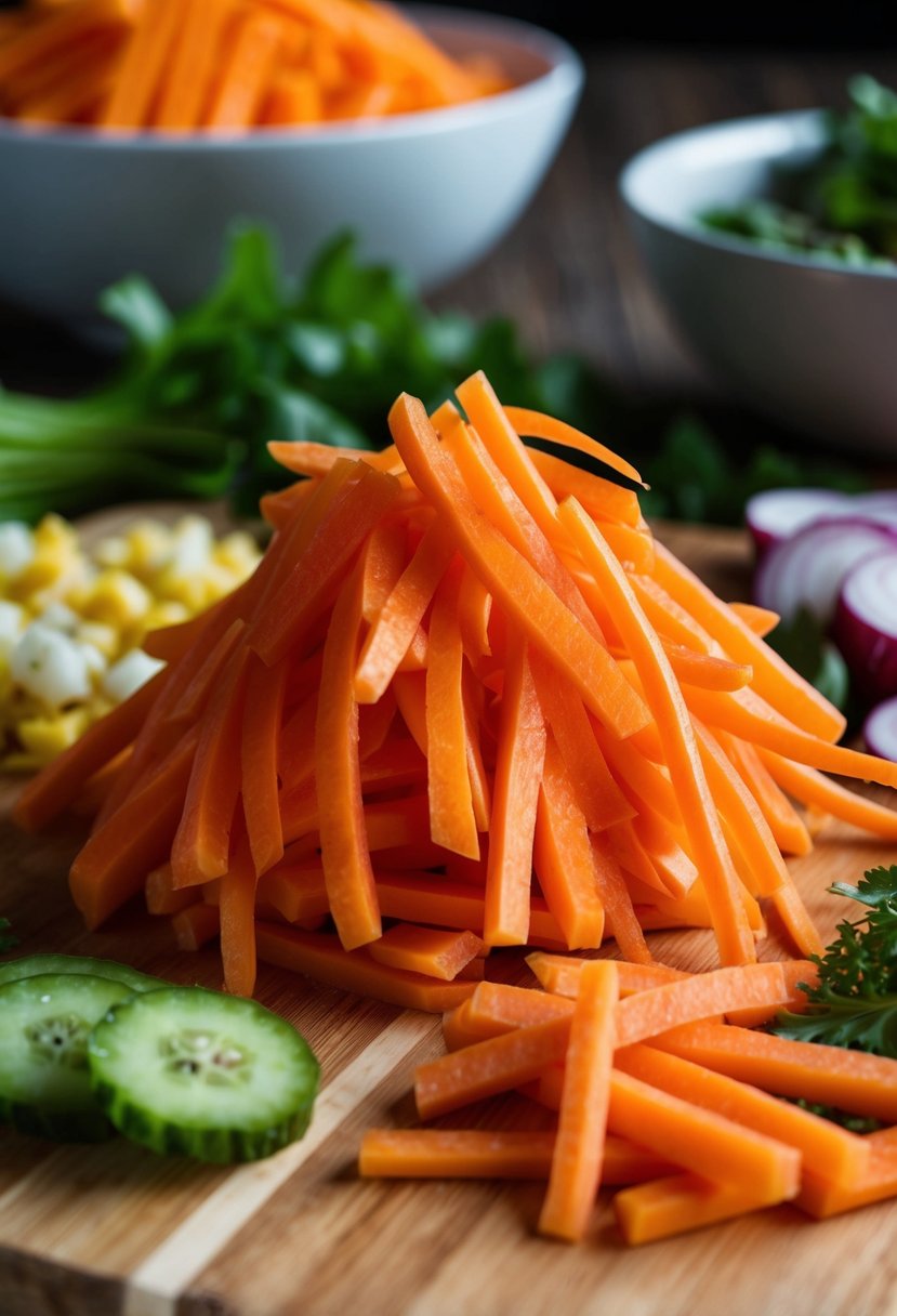 A pile of fresh julienned carrots surrounded by colorful salad ingredients on a wooden cutting board