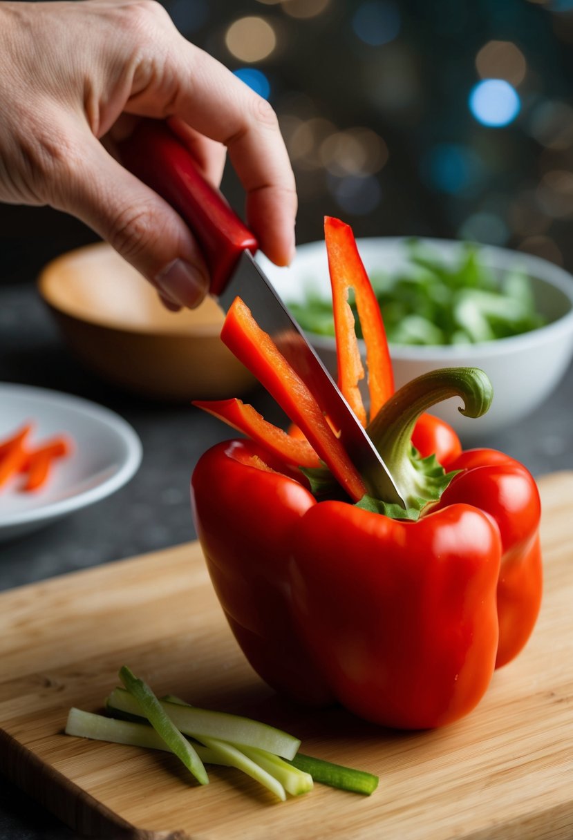 Red bell peppers being sliced into thin julienne strips for a salad