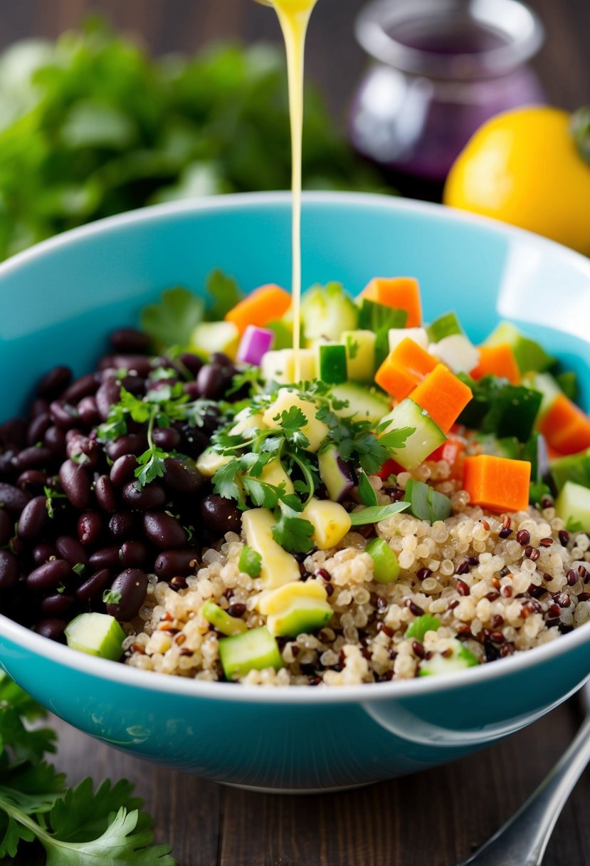 A colorful bowl filled with quinoa, black beans, diced vegetables, and fresh herbs, drizzled with a light vinaigrette