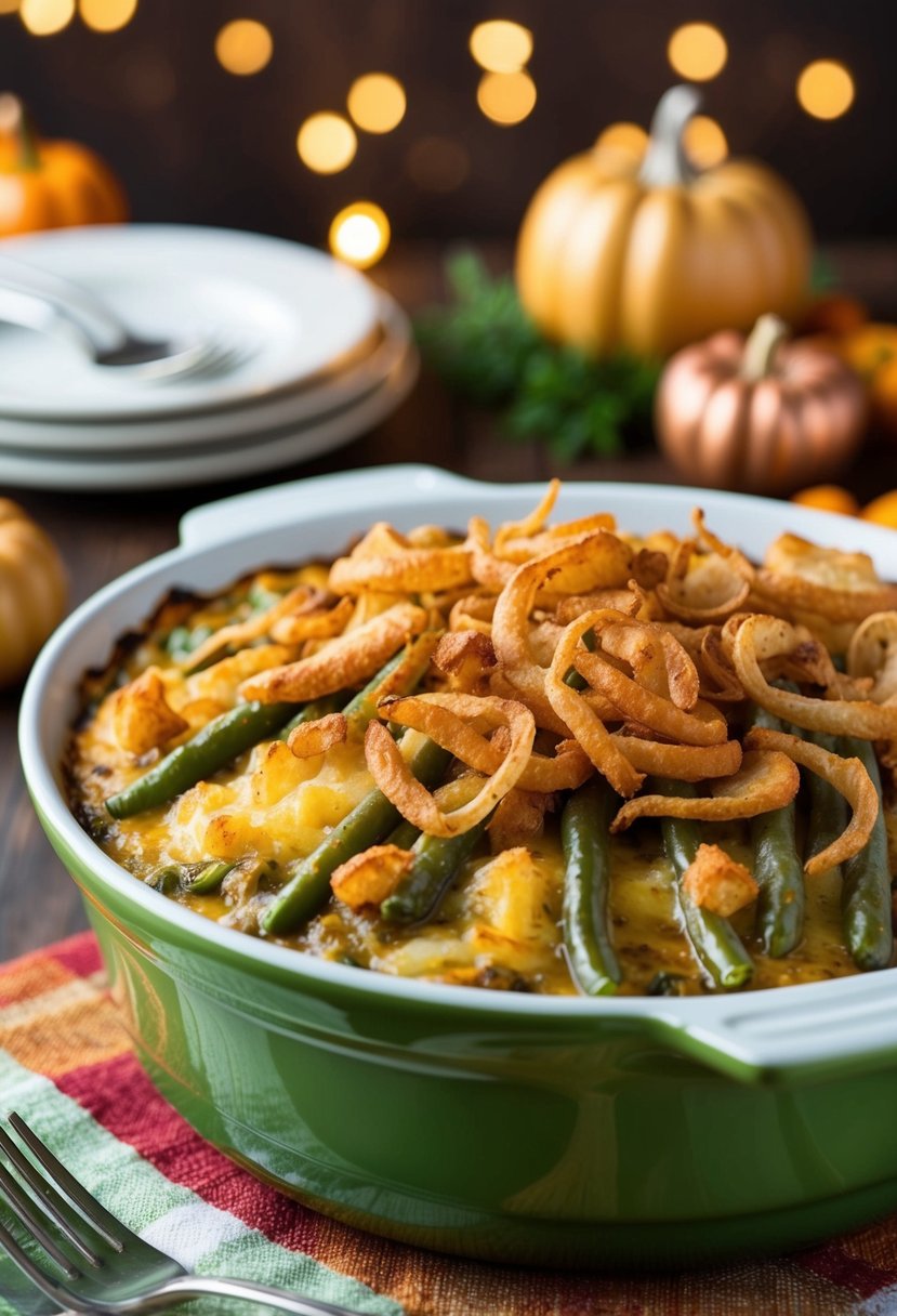 A bubbling green bean casserole topped with crispy golden onions in a festive Thanksgiving setting