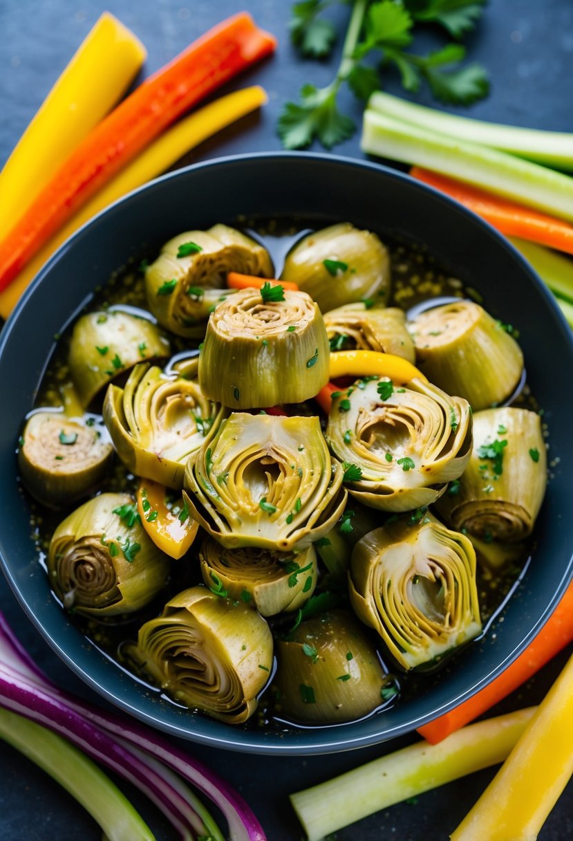 A bowl of marinated artichoke hearts, surrounded by colorful julienne vegetables and drizzled with vinaigrette