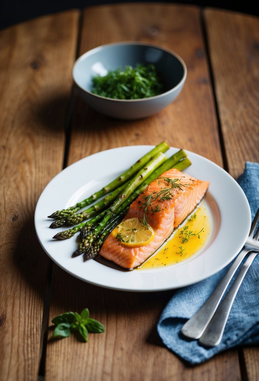 A plate of baked salmon and asparagus on a wooden table with a sprinkle of herbs