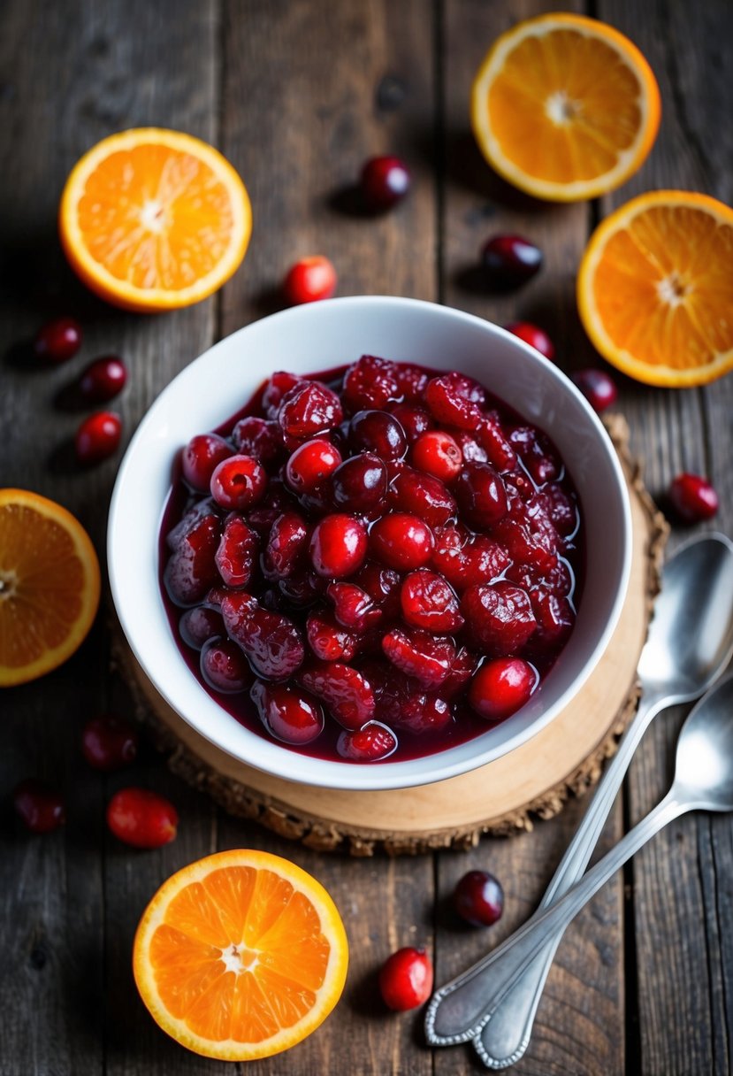 A rustic wooden table with a bowl of vibrant cranberry orange relish, surrounded by fresh cranberries and sliced oranges