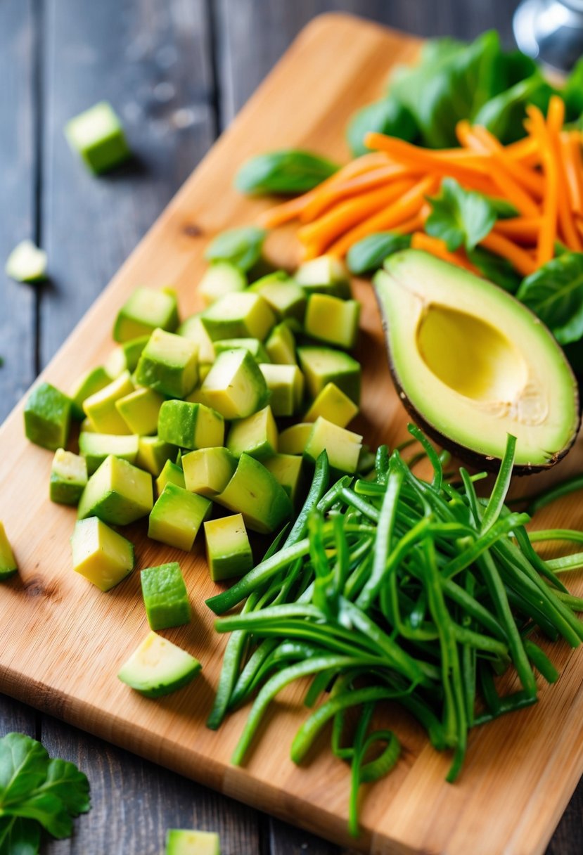 A wooden cutting board with diced avocado, julienne vegetables, and salad ingredients scattered around