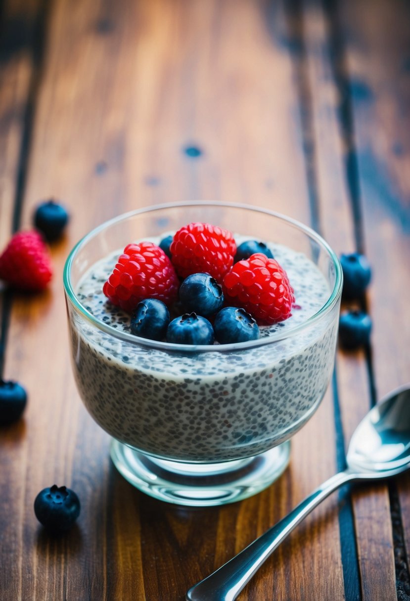 A glass bowl of chia seed pudding topped with fresh berries on a wooden table