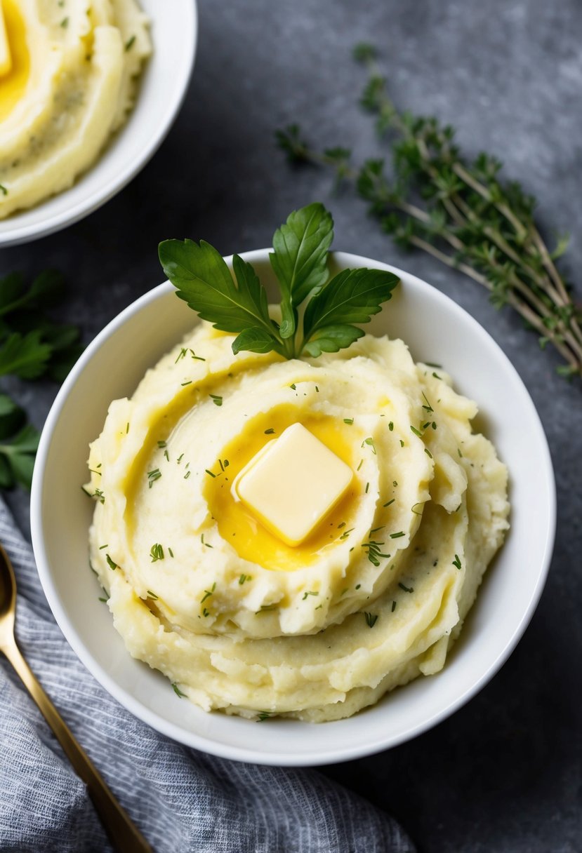 A bowl of creamy garlic mashed potatoes surrounded by fresh herbs and a pat of melting butter