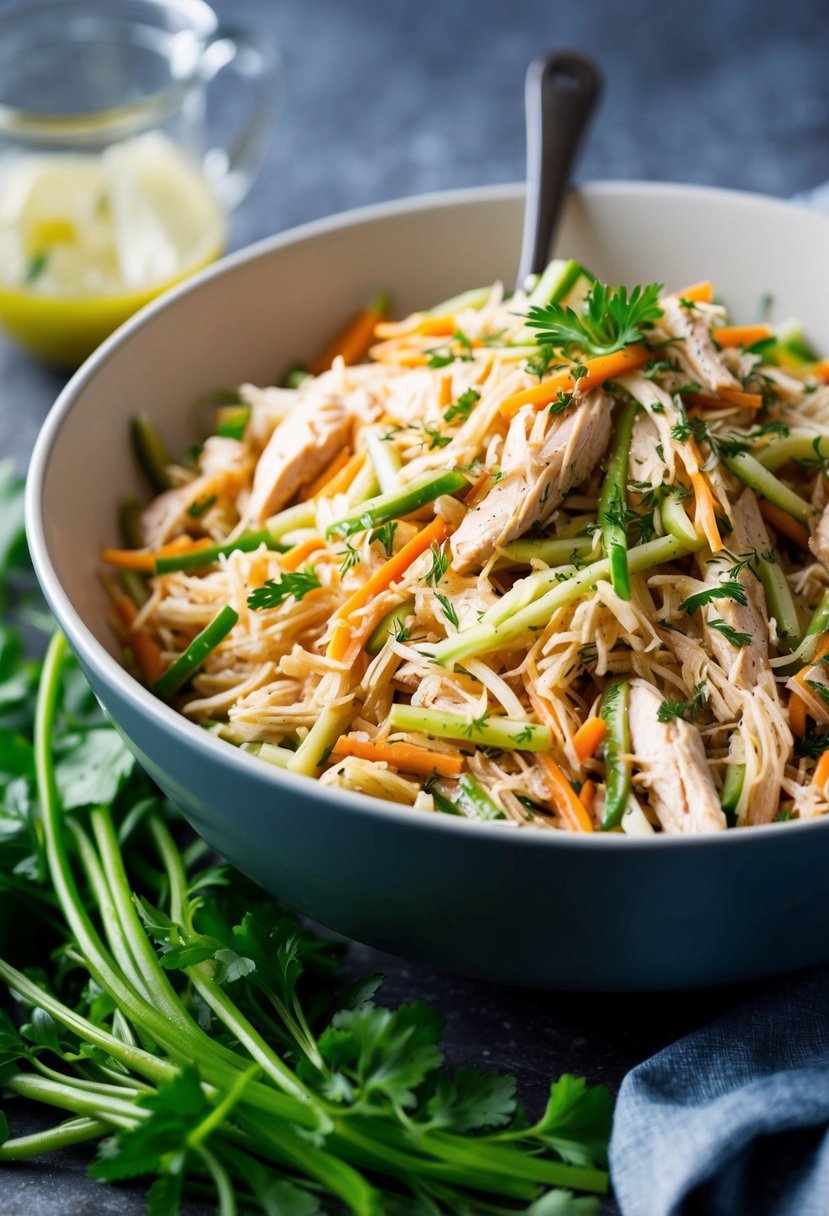 A bowl of shredded rotisserie chicken tossed with julienne vegetables, herbs, and vinaigrette, ready to be served as a refreshing salad