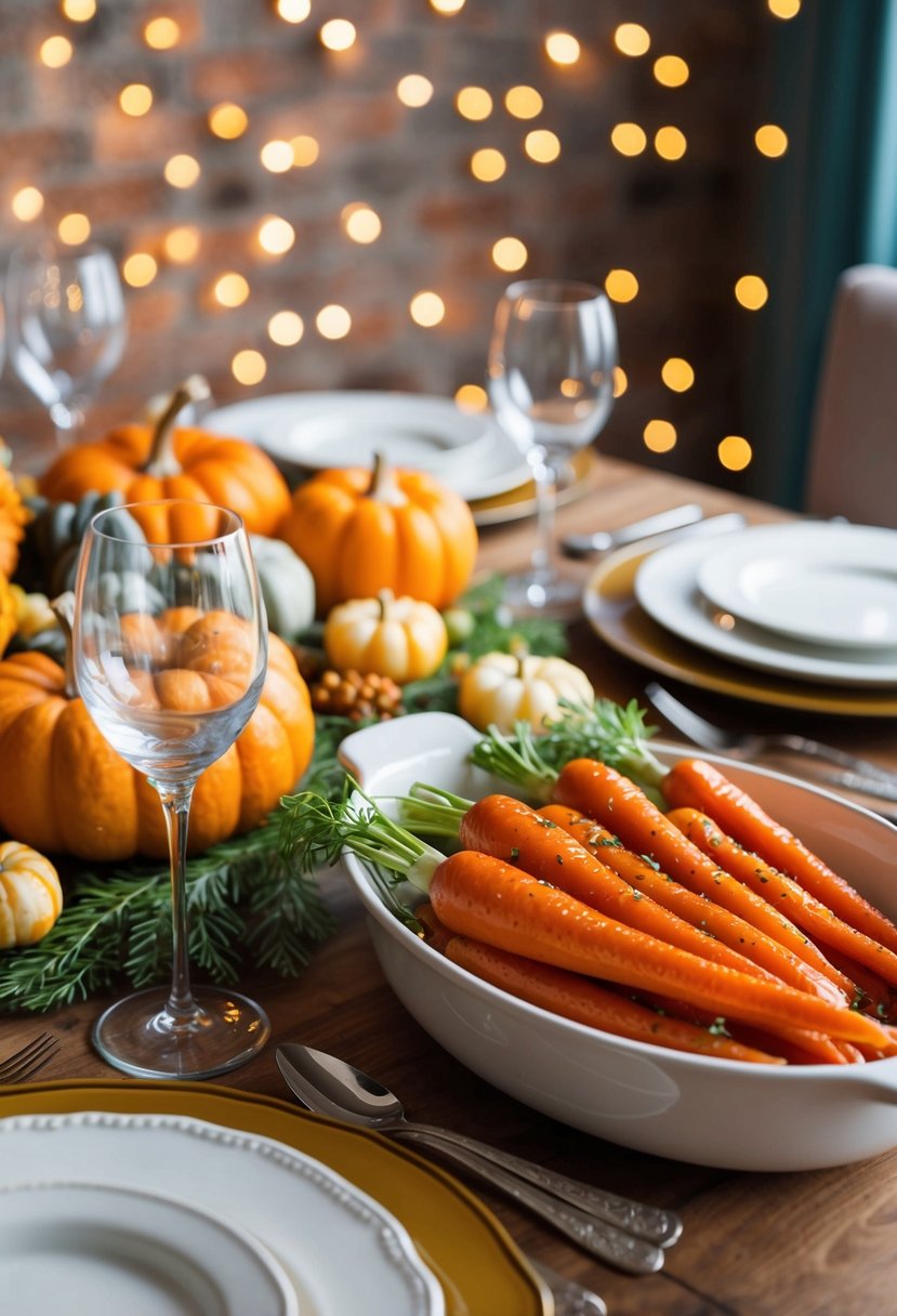 A table set with a festive Thanksgiving meal, featuring a dish of honey glazed carrots as the centerpiece