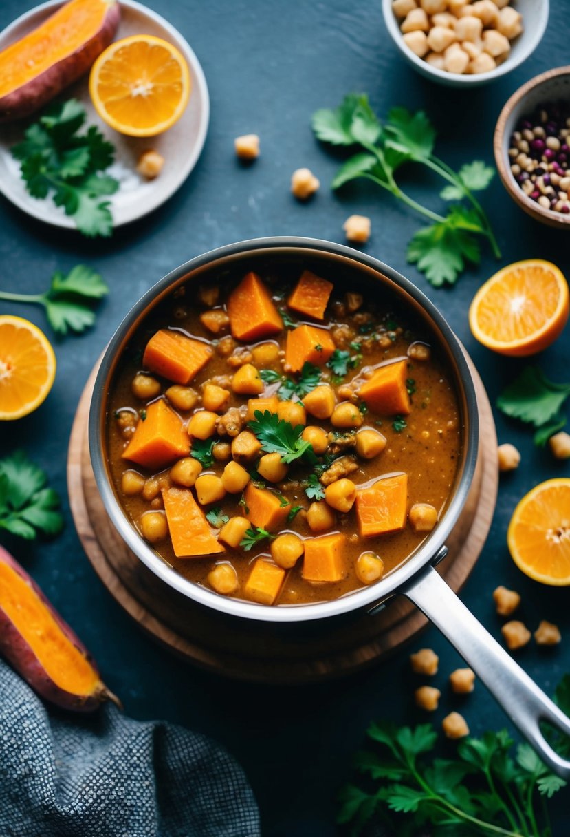 A bubbling pot of sweet potato and chickpea curry surrounded by vibrant fresh ingredients