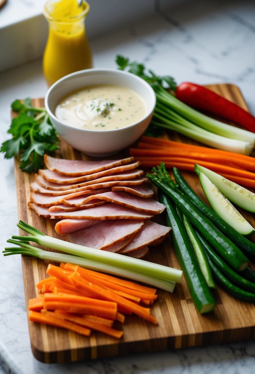 A cutting board with julienne ham, assorted vegetables, and a bowl of dressing