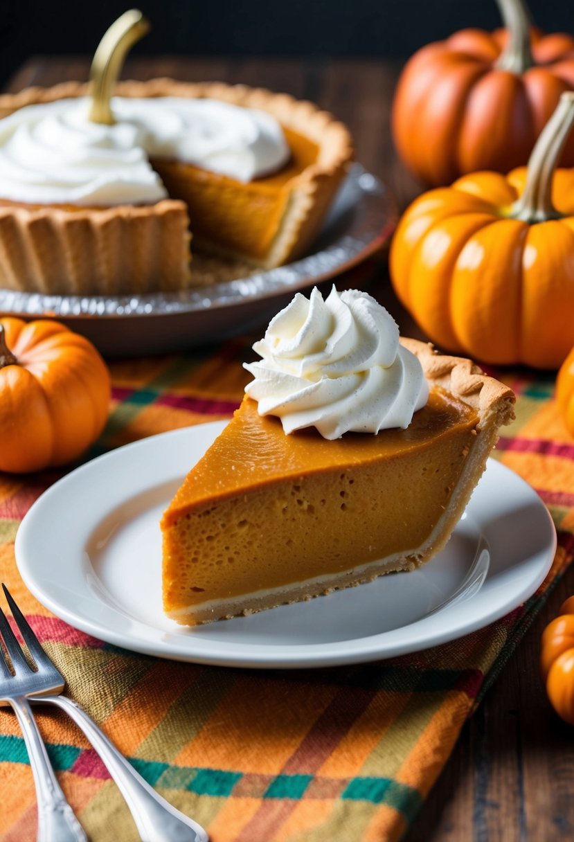 A slice of pumpkin pie topped with a dollop of whipped cream on a festive Thanksgiving table