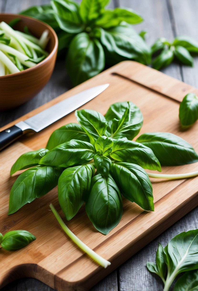 Fresh basil leaves and stems lay on a wooden cutting board, surrounded by a knife and bowl of julienne-cut vegetables