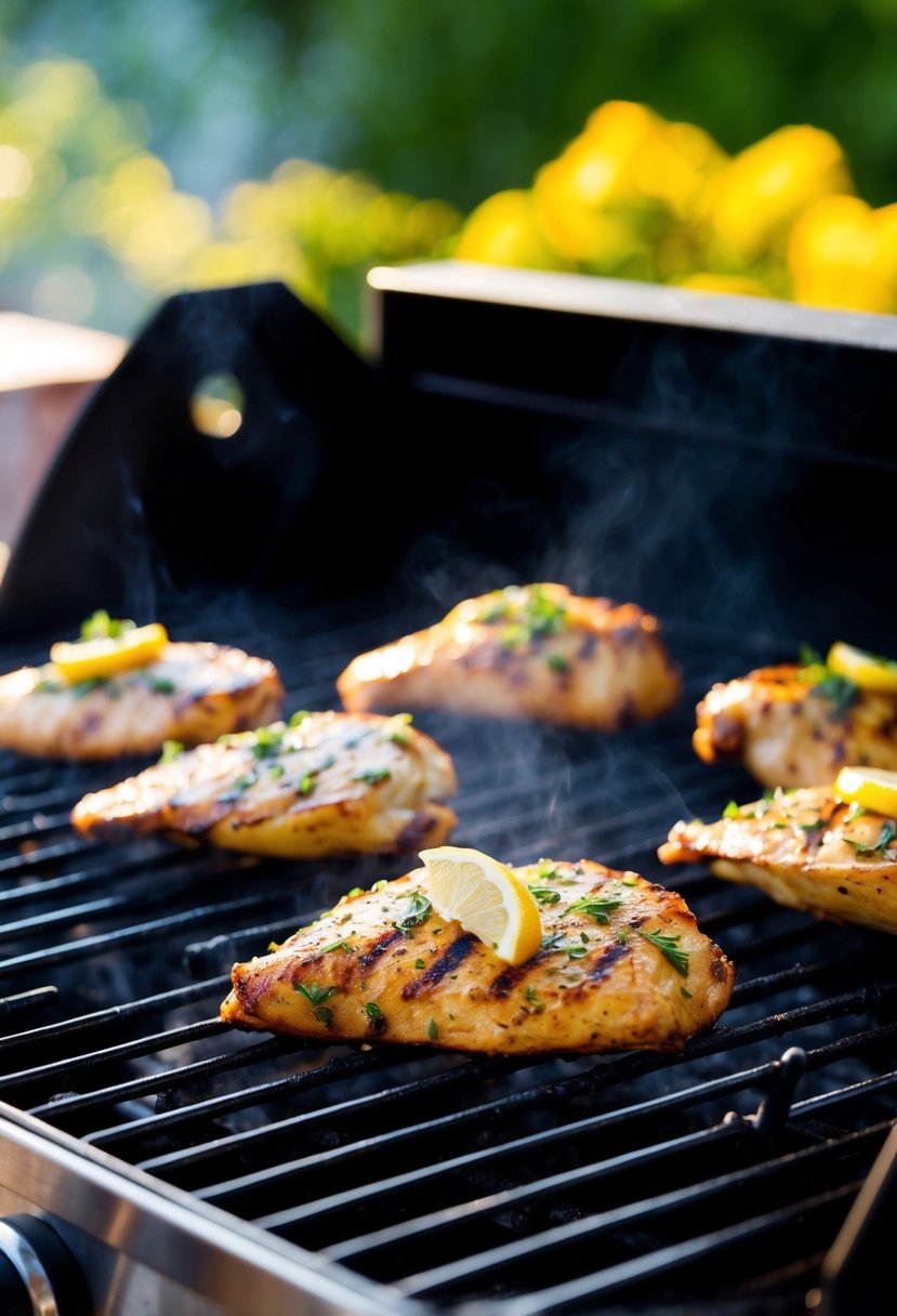 A sizzling lemon herb grilled chicken on a hot barbecue grill