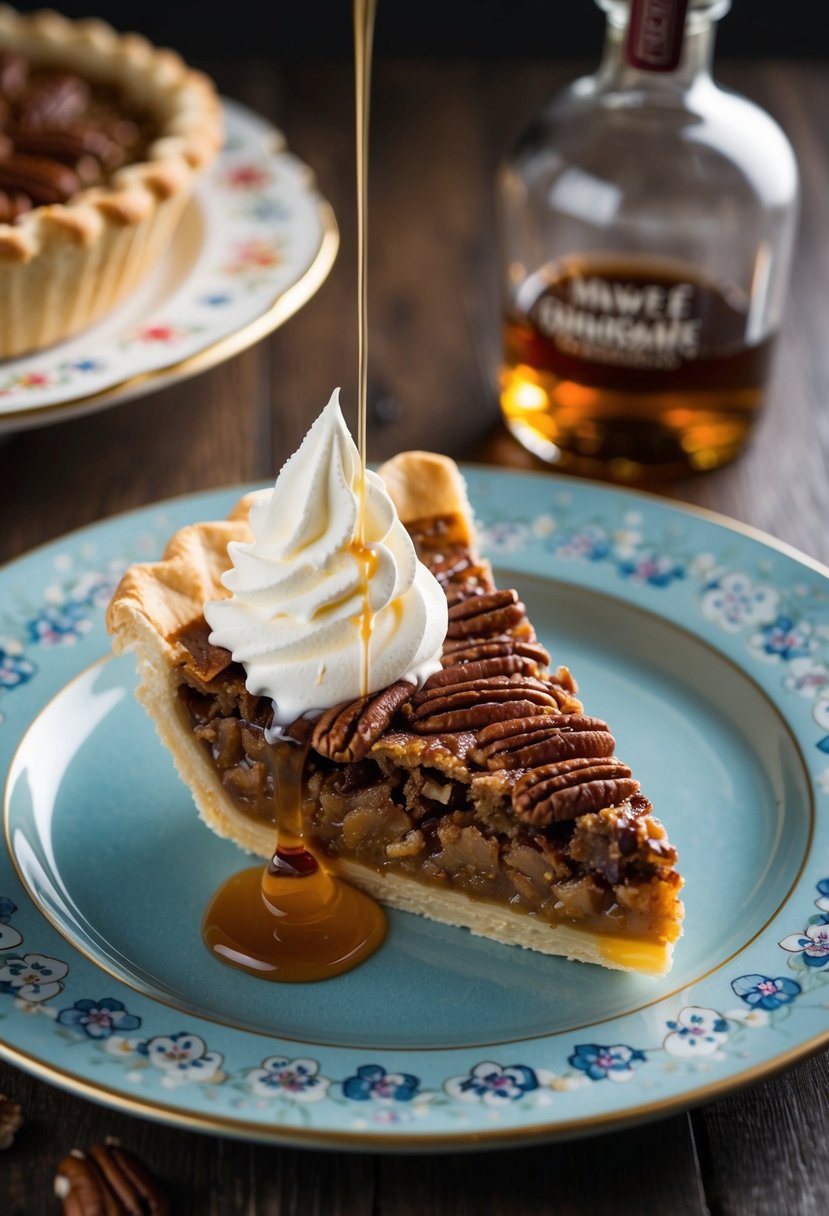 A slice of pecan pie with a dollop of whipped cream and a drizzle of bourbon on a decorative plate