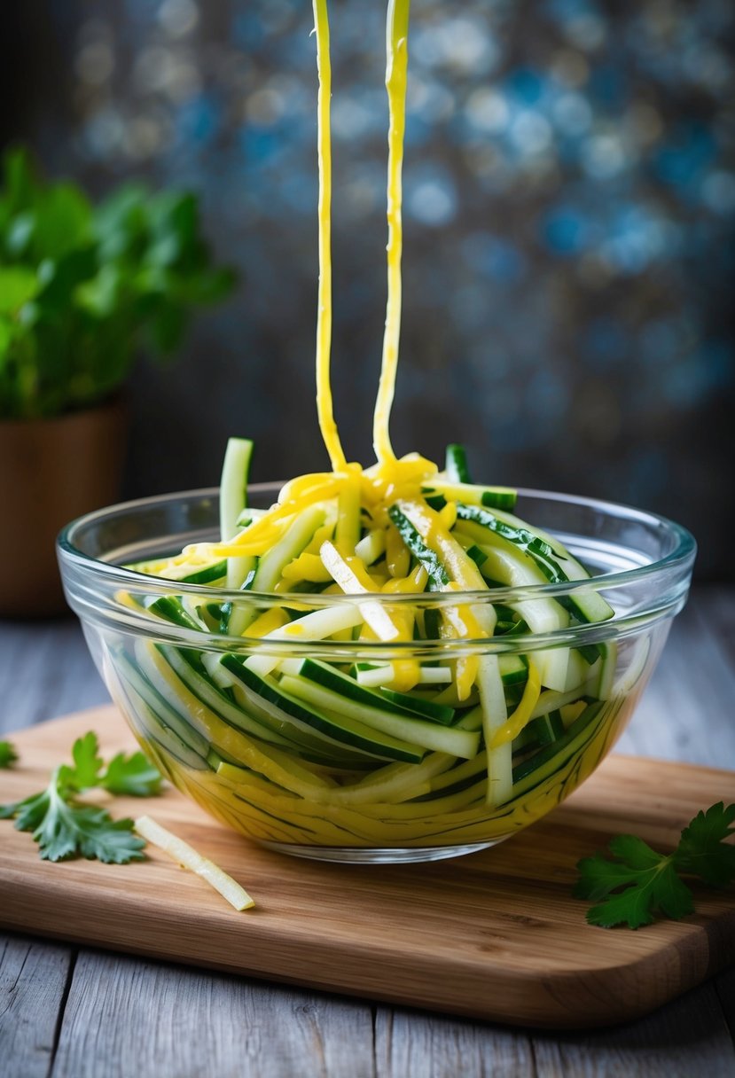 A clear glass bowl filled with julienne-cut vegetables, drizzled with lemon Dijon vinaigrette, resting on a wooden cutting board