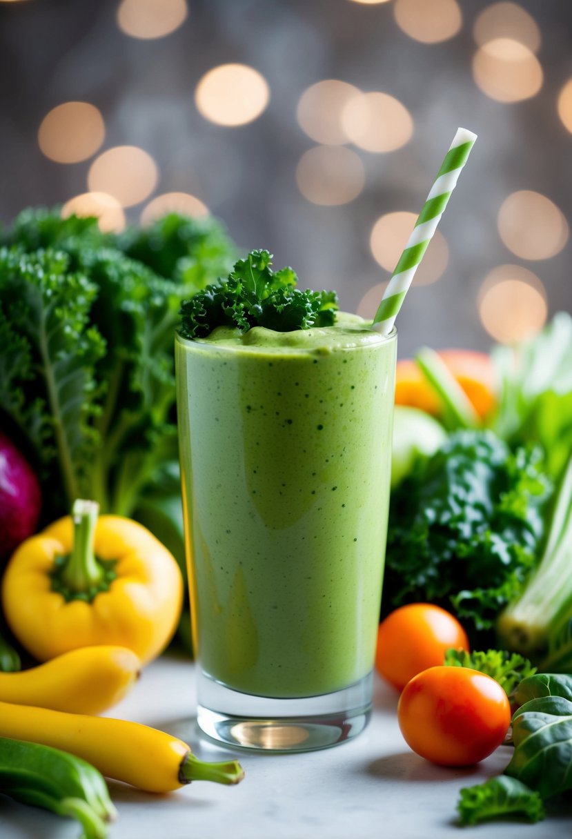 A glass filled with a vibrant green kale and spinach smoothie surrounded by fresh vegetables and fruits