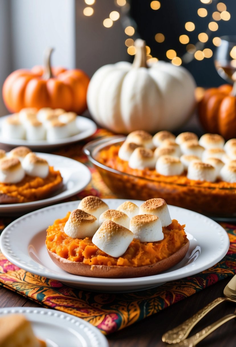 A golden-brown sweet potato casserole topped with a layer of perfectly toasted marshmallows, sitting on a festive Thanksgiving table