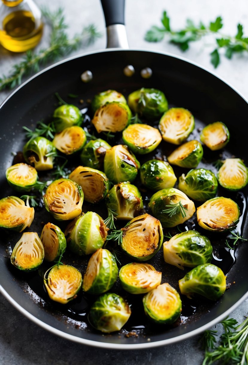 A sizzling pan of roasted Brussels sprouts glistening with a sweet balsamic glaze, surrounded by fresh herbs and a drizzle of olive oil