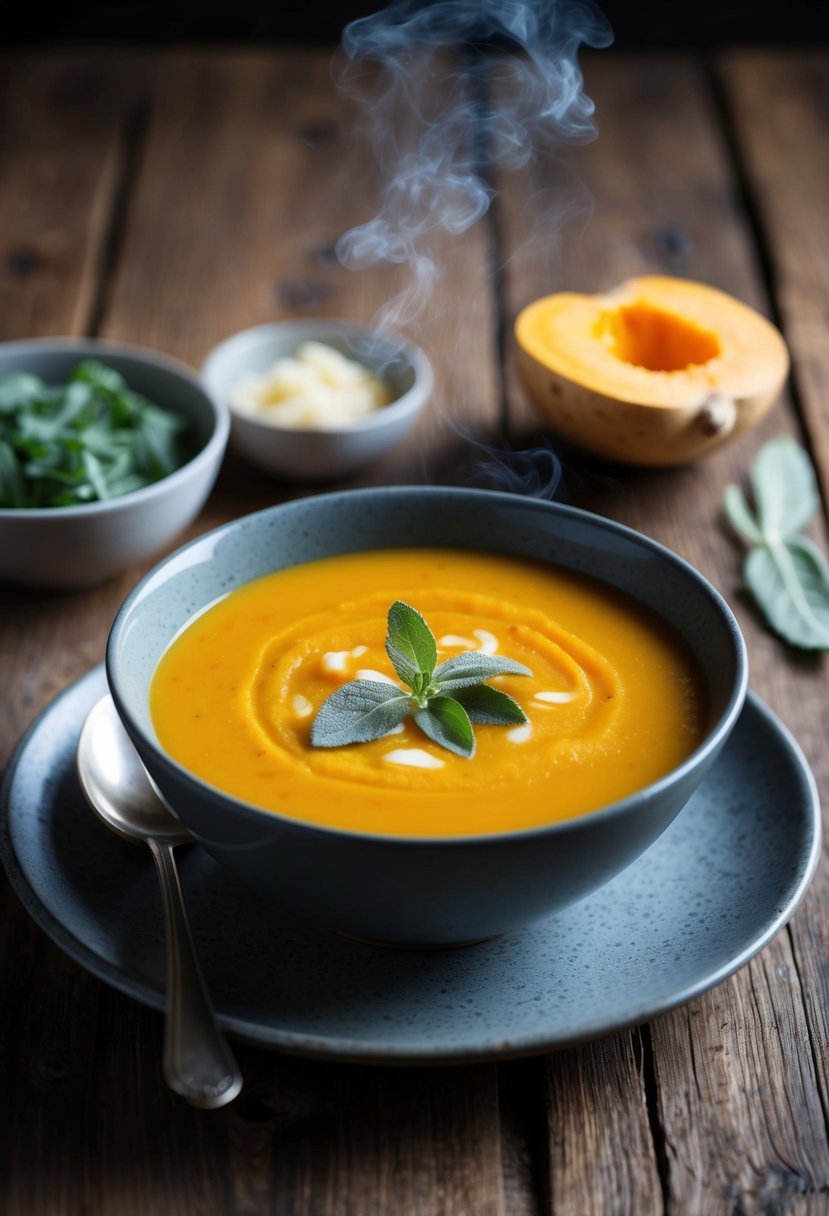 A steaming bowl of butternut squash soup sits on a rustic wooden table, garnished with a sprig of fresh sage