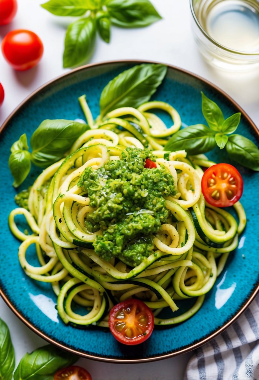 A colorful plate of zucchini noodles topped with vibrant green pesto, surrounded by fresh basil leaves and cherry tomatoes