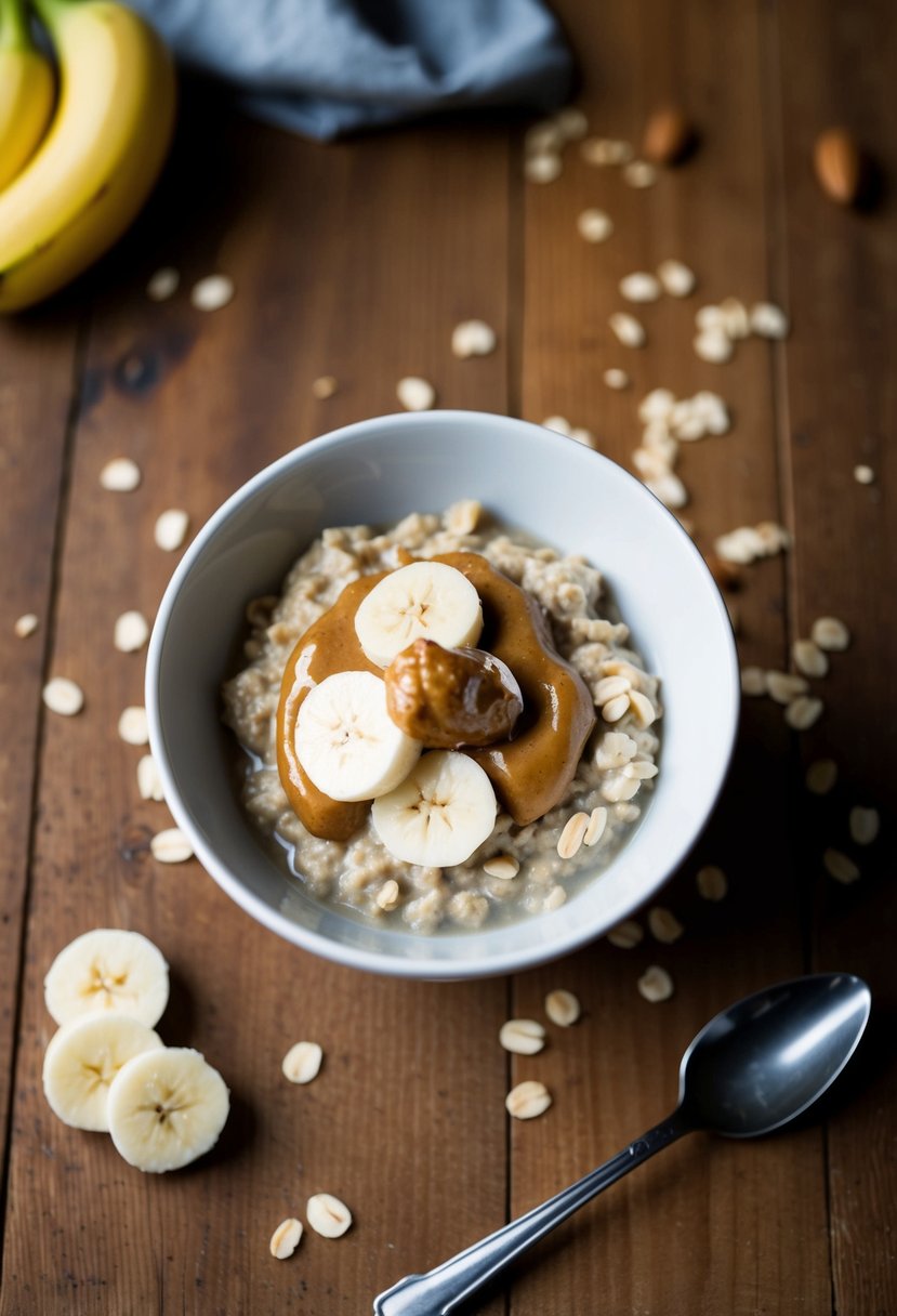 A bowl of oatmeal topped with almond butter and sliced banana on a wooden table, surrounded by scattered ingredients and a spoon