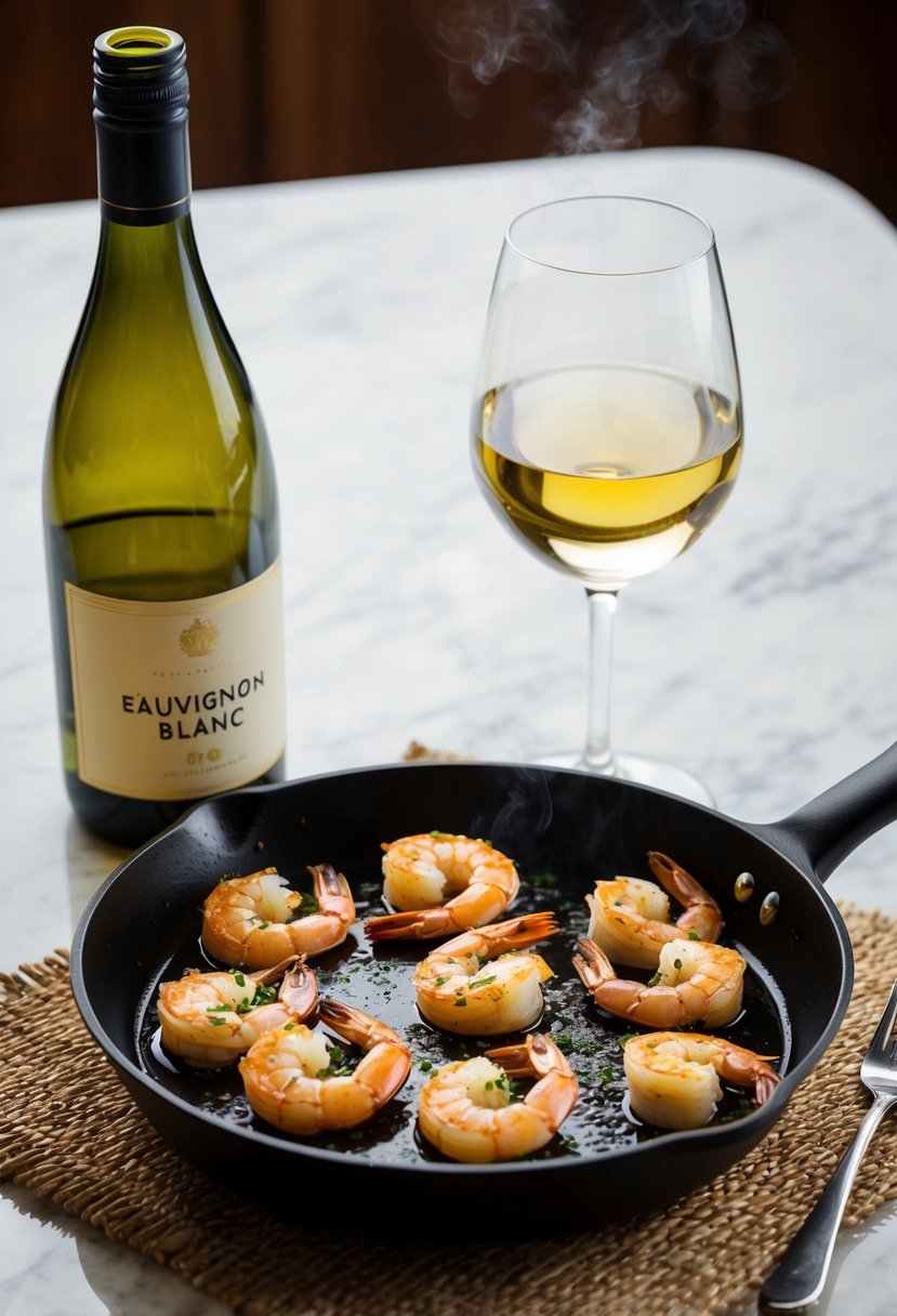 A sizzling skillet of garlic shrimp, infused with the aroma of sauvignon blanc, sits next to a glass of the same wine