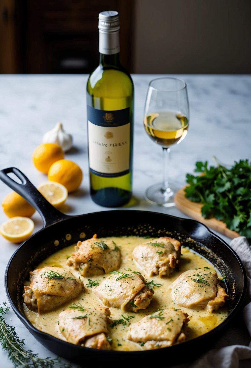 A bubbling skillet of creamy Chardonnay chicken, surrounded by fresh ingredients and a bottle of white wine