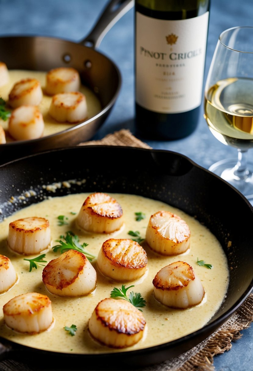 A skillet sizzling with seared scallops in a creamy Pinot Grigio sauce, accompanied by a glass of white wine