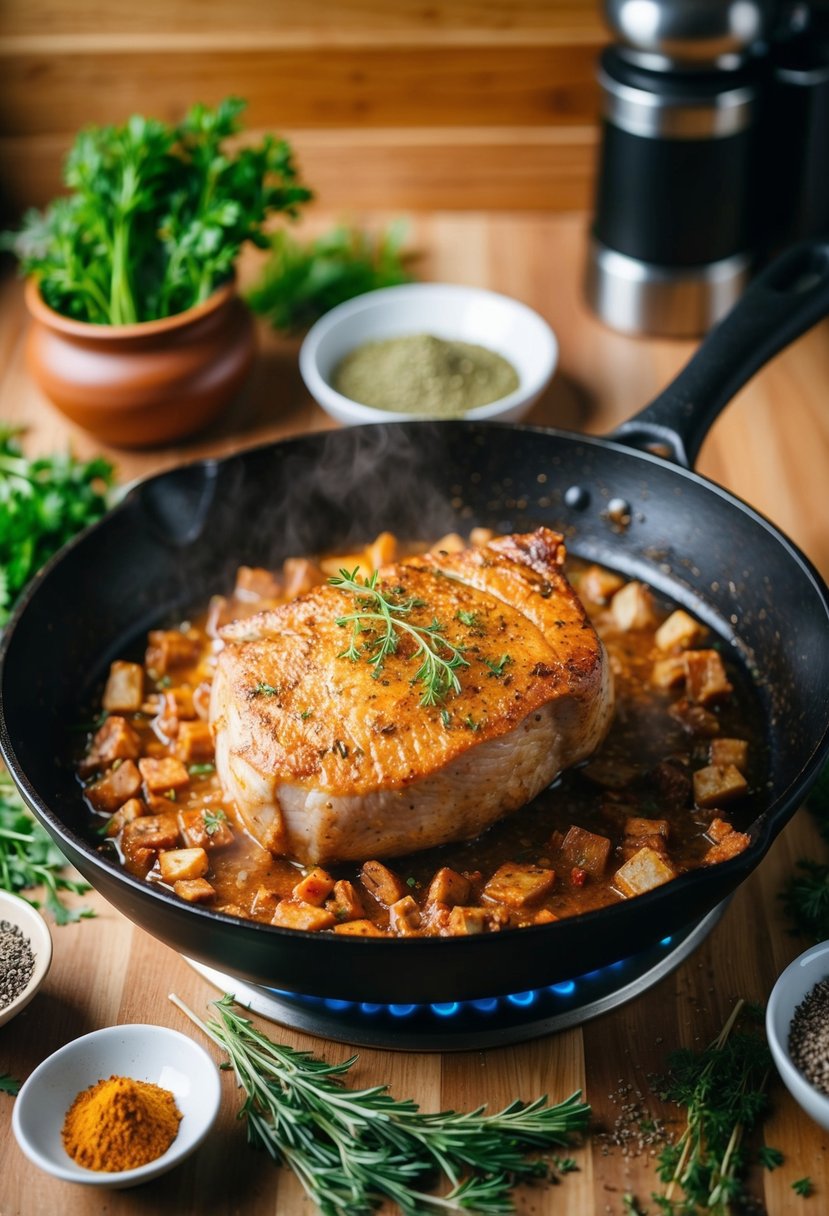 A sizzling pork dish cooks on a hot skillet, surrounded by various herbs and spices on a wooden kitchen counter