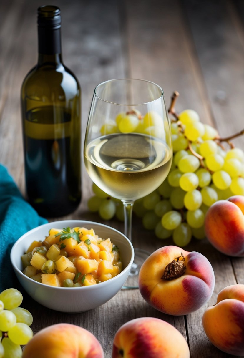 A glass of crisp white wine next to a bowl of fresh peach salsa, surrounded by ripe riesling grapes