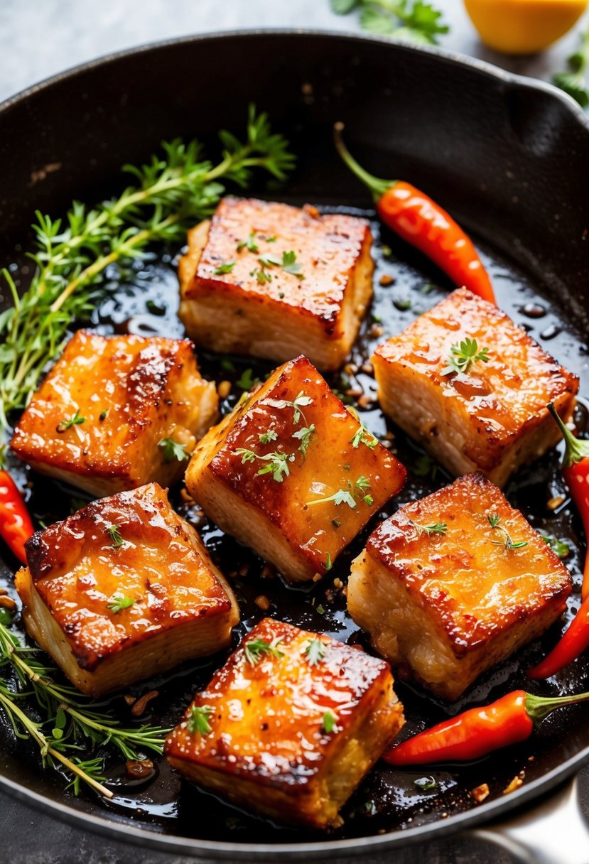 A sizzling skillet of caramelized pork belly bites with a sticky glaze, surrounded by fresh herbs and chili peppers