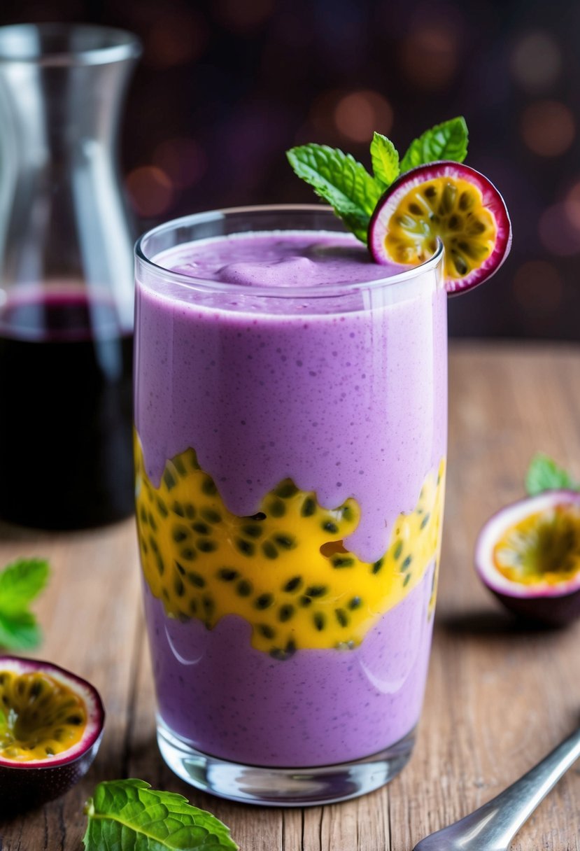 A glass filled with a vibrant purple passion fruit smoothie, garnished with a slice of fresh passion fruit and a sprig of mint on the rim