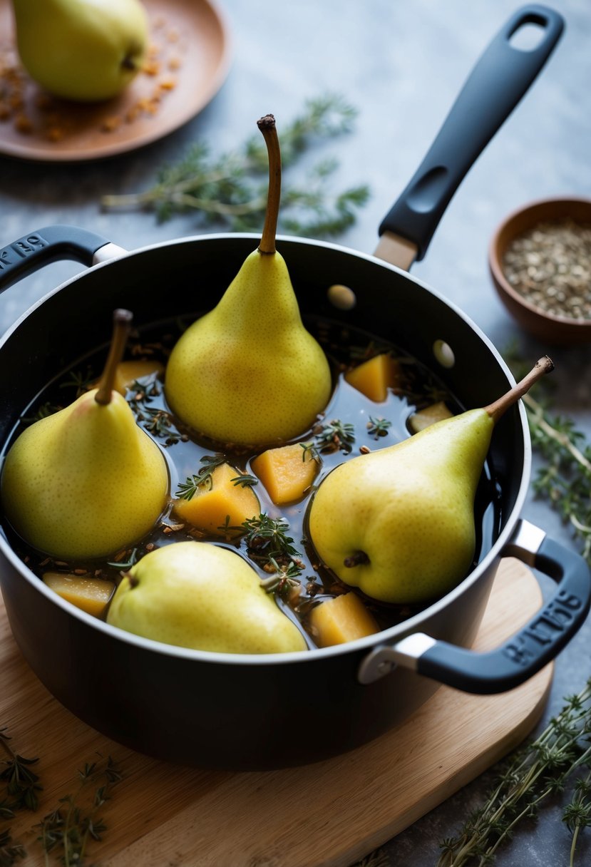 Ripe pears simmering in a pot of sweet Moscato wine, surrounded by aromatic spices and herbs, ready to be transformed into a delectable dessert