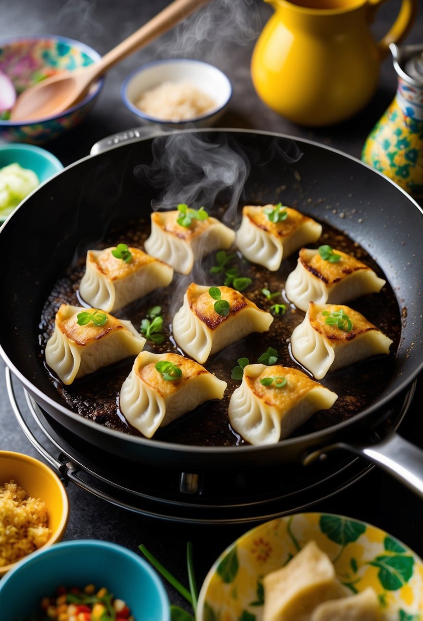 A sizzling pan of pork and ginger gyoza, steam rising, surrounded by colorful ingredients and cooking utensils