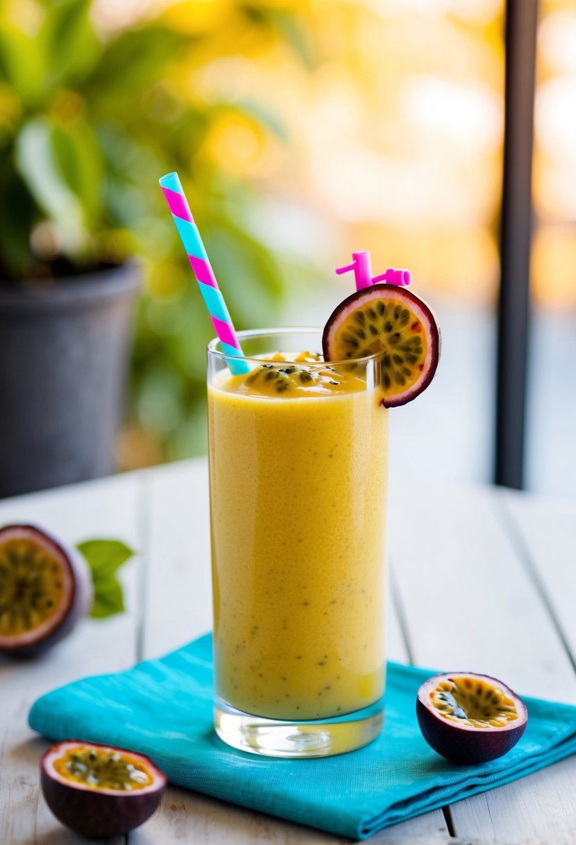 A tall glass filled with a vibrant yellow passion fruit smoothie, topped with a slice of fresh passion fruit and a colorful straw