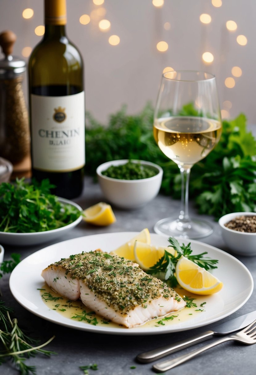 A plate of herb-crusted fish paired with a glass of Chenin Blanc sits on a table, surrounded by fresh herbs and ingredients for the recipe