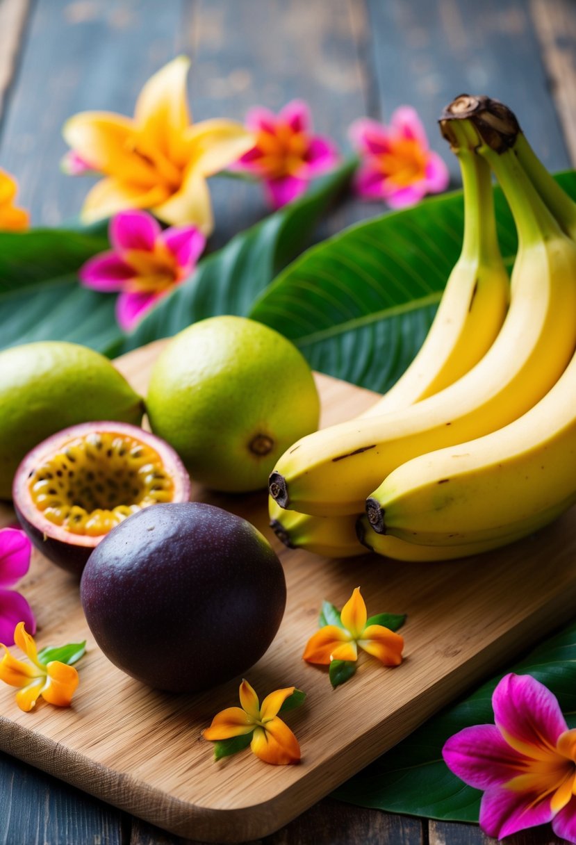 A ripe passion fruit and a bunch of bananas on a wooden cutting board, surrounded by colorful tropical flowers and leaves