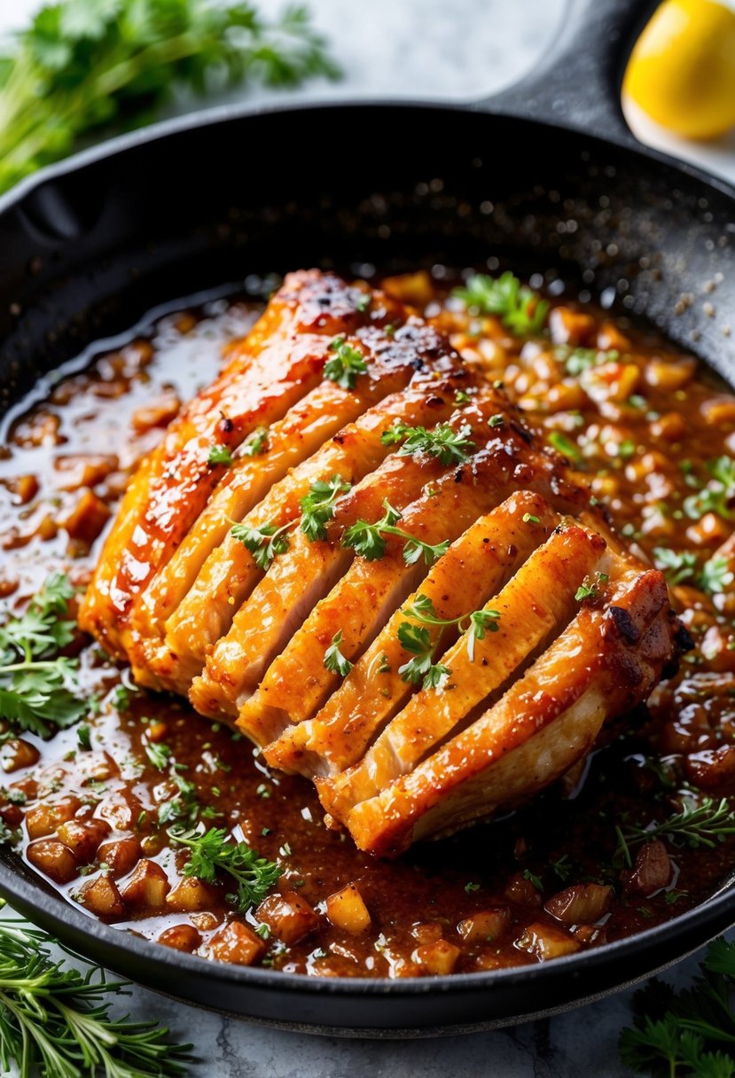 A sizzling skillet of caramelized pork with a glossy, sticky glaze, surrounded by fresh herbs and spices