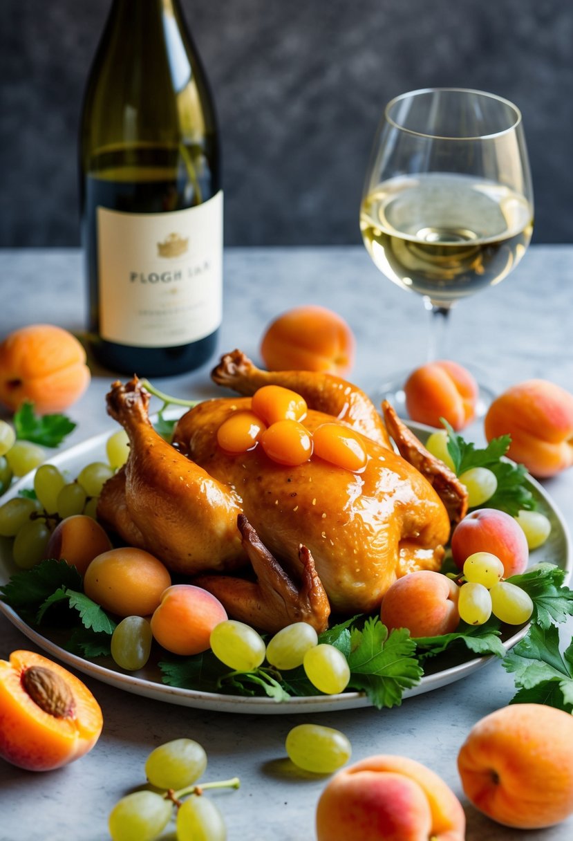 A platter of apricot-glazed chicken with a side of white wine, surrounded by fresh Viognier grapes and apricots