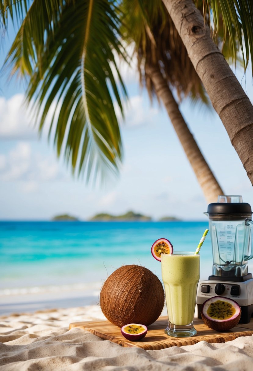 A tropical beach setting with a coconut and passion fruit tree, a blender and a glass of creamy passion fruit smoothie