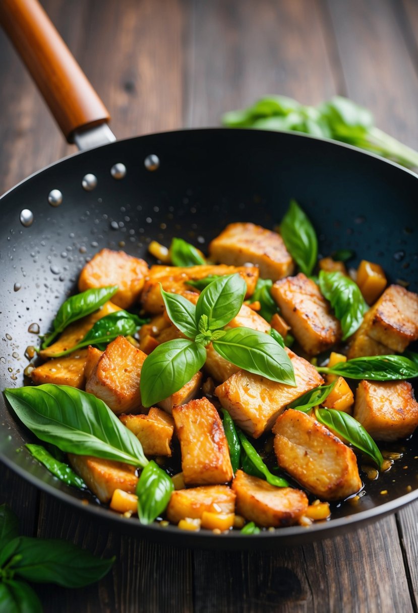 Sizzling pork and vibrant Thai basil stir-fry in a wok