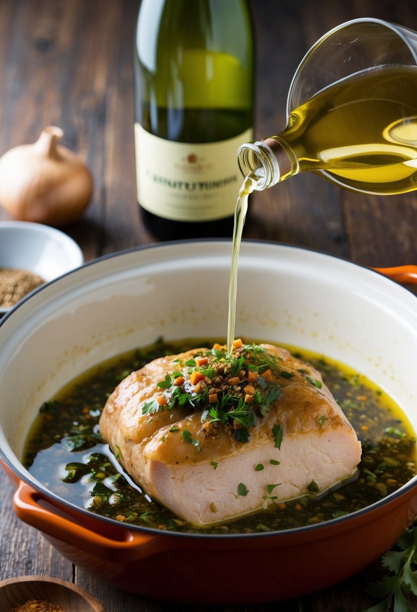 A pork dish being marinated in Gewürztraminer white wine with a blend of aromatic spices