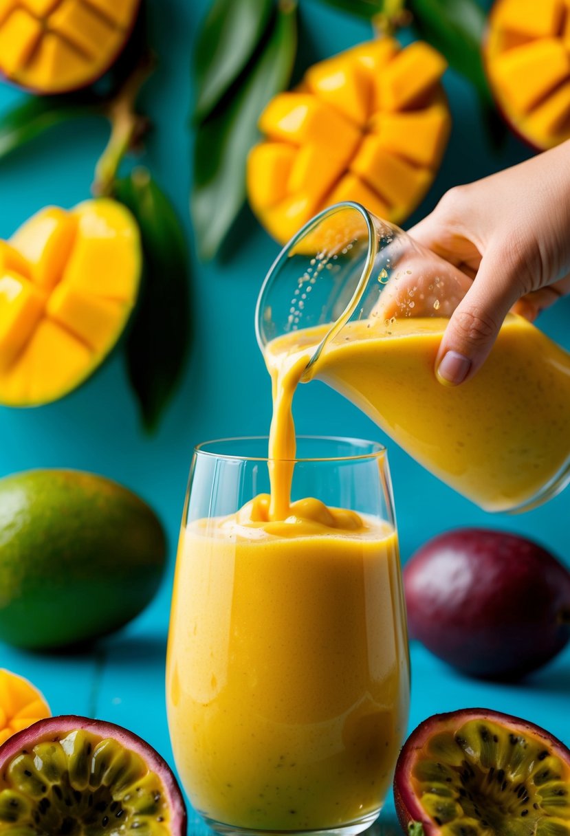 A vibrant tropical fruit smoothie being poured into a glass over a backdrop of lush mangoes and passion fruit