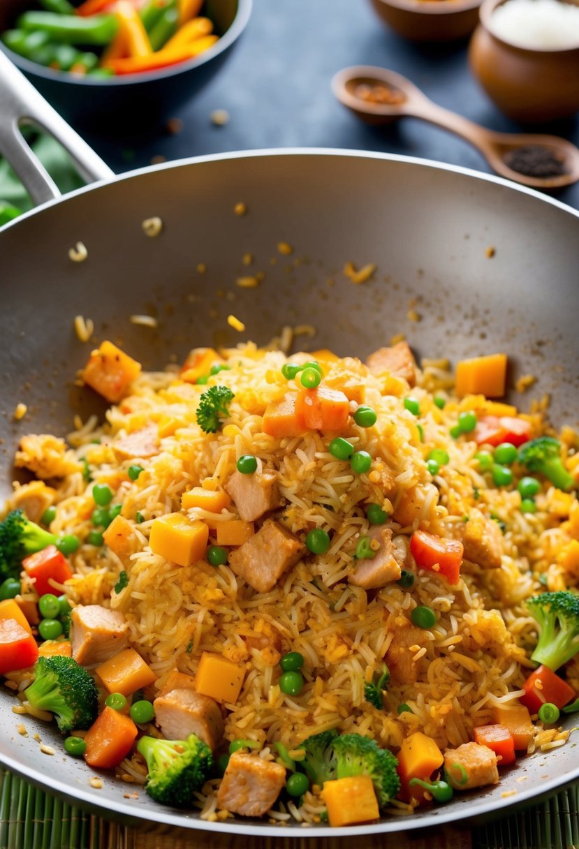 A sizzling wok filled with pork fried rice, surrounded by colorful vegetables and aromatic spices