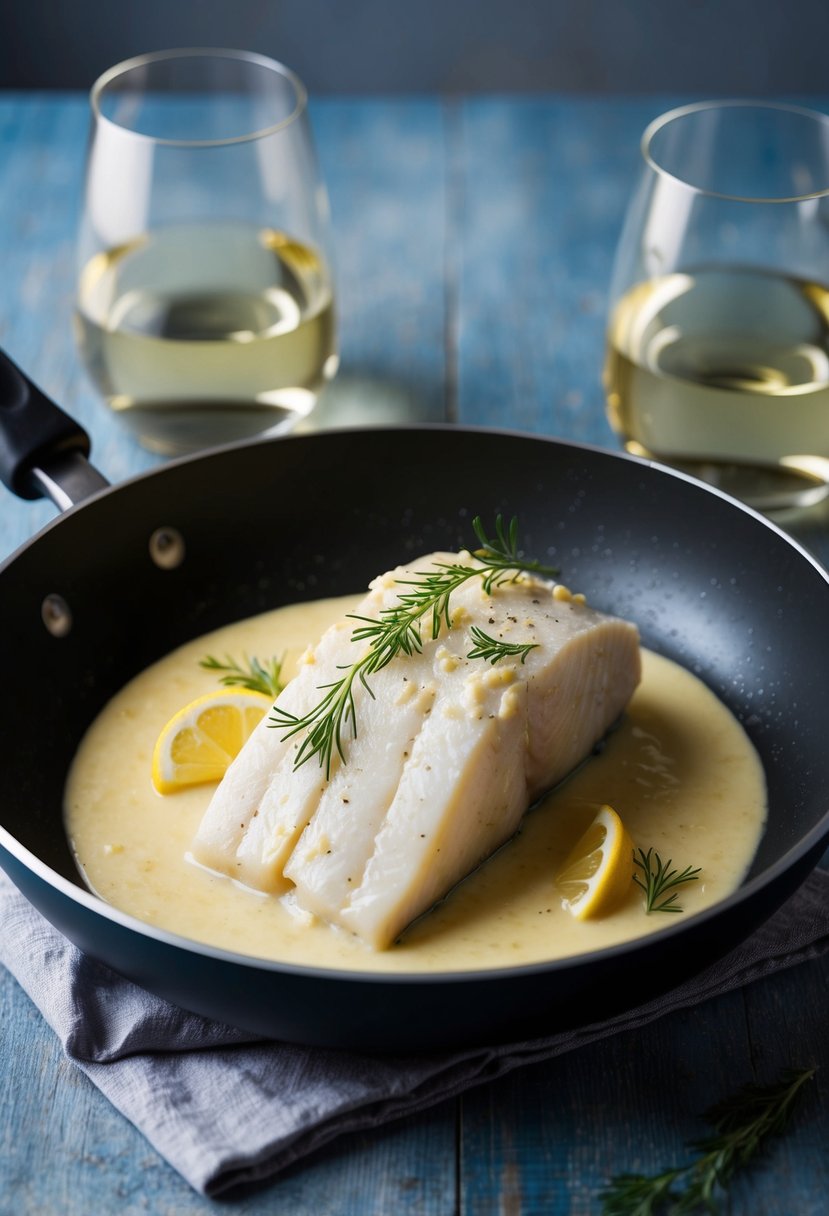 A halibut fillet sizzling in a pan with a creamy chablis lemon butter sauce, accompanied by a glass of white wine